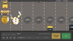 Миниатюра: Игровой экран Chicken Road 2.0 на компьютере: курица на тротуаре перед полосами дороги