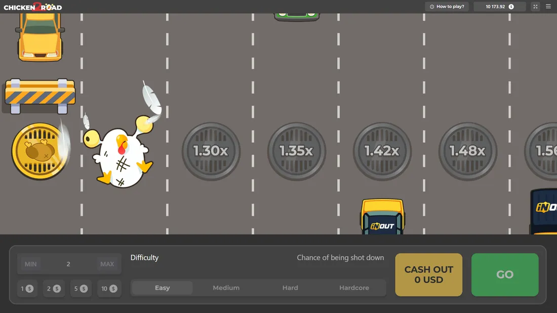 Игровой экран Chicken Road 2.0 на компьютере: курица на тротуаре перед полосами дороги