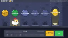 Миниатюра: Игровой экран Chicken Road на компьютере: курица идёт по люкам к золотому яйцу