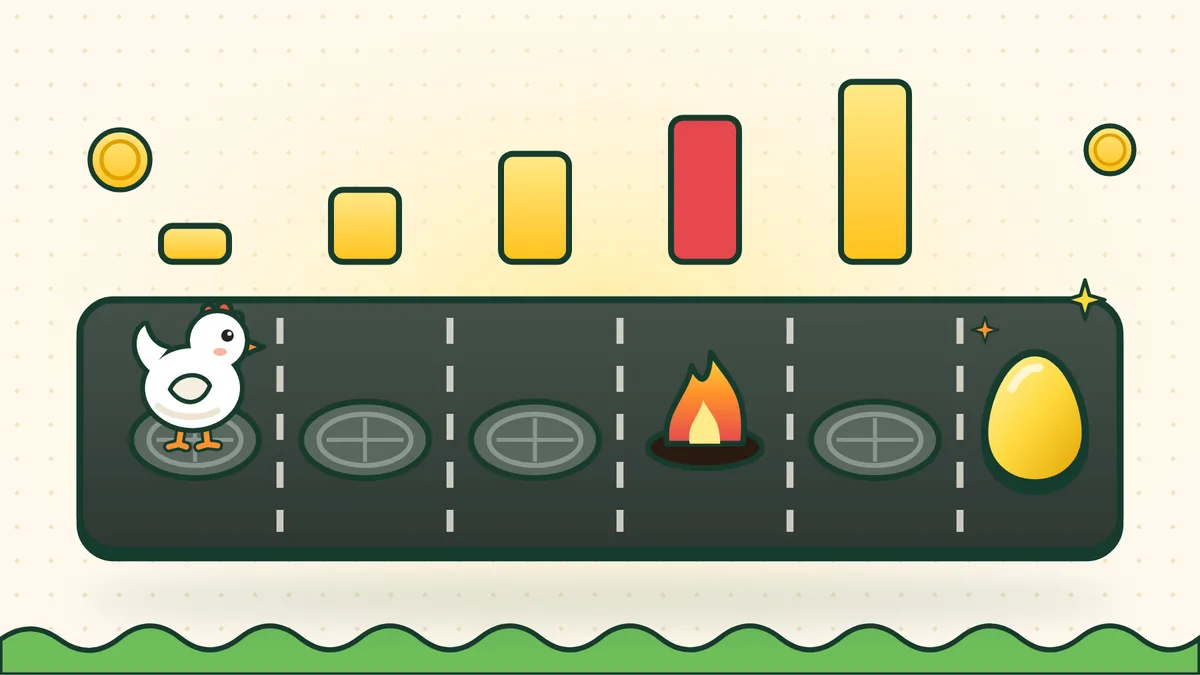 Иллюстрация механики Chicken Road: курица на первом участке, огонь под одним из люков и золотое яйцо на финише