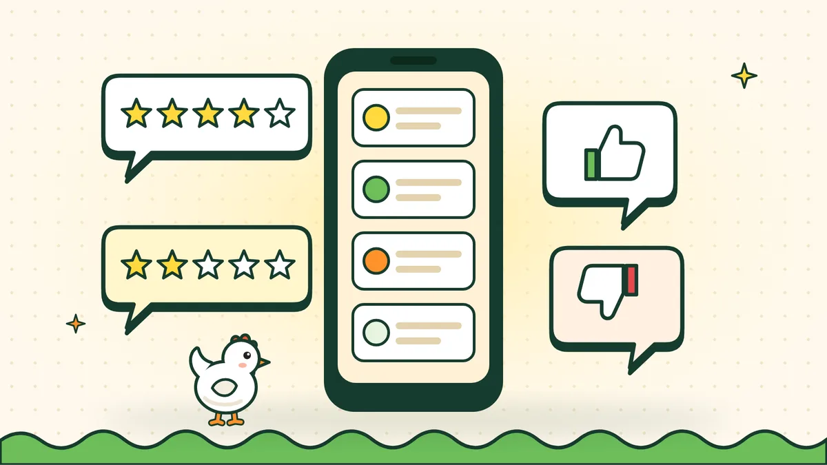 Иллюстрация к отзывам о Chicken Road: смартфон со списком комментариев, оценки звёздами, лайк и дизлайк